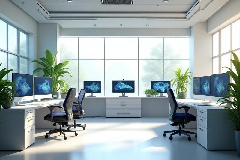 Vue panoramique d'un studio d'animation 3D moderne et lumineux avec des écrans affichant des modèles 3D complexes et des stations de travail.<footer style=