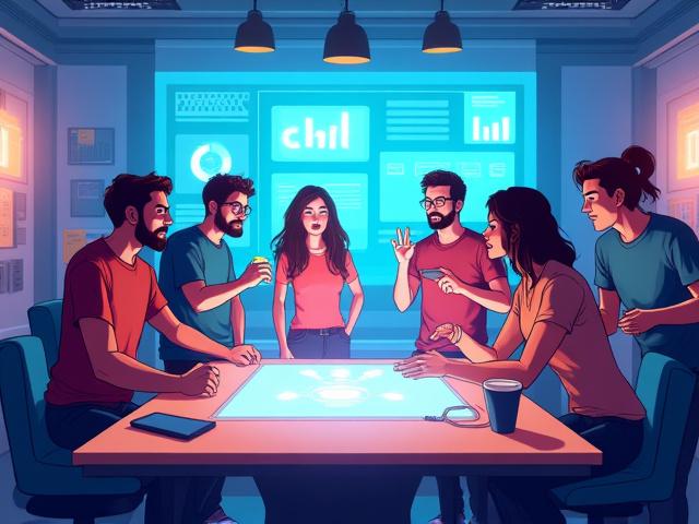 Illustration stylisée d'un groupe d'artisans numériques collaborant