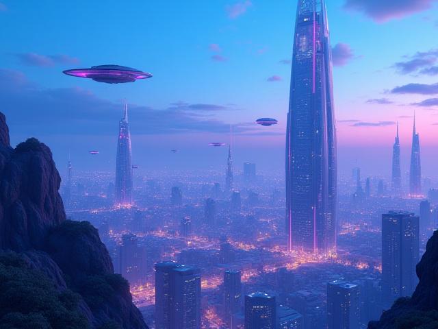 Scène d'animation 3D d'une cité futuriste vibrante