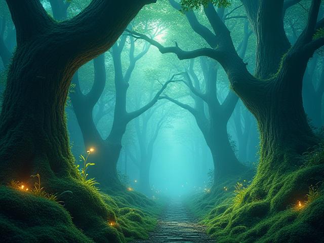 Illustration 3D d'une forêt enchantée avec des créatures mystiques